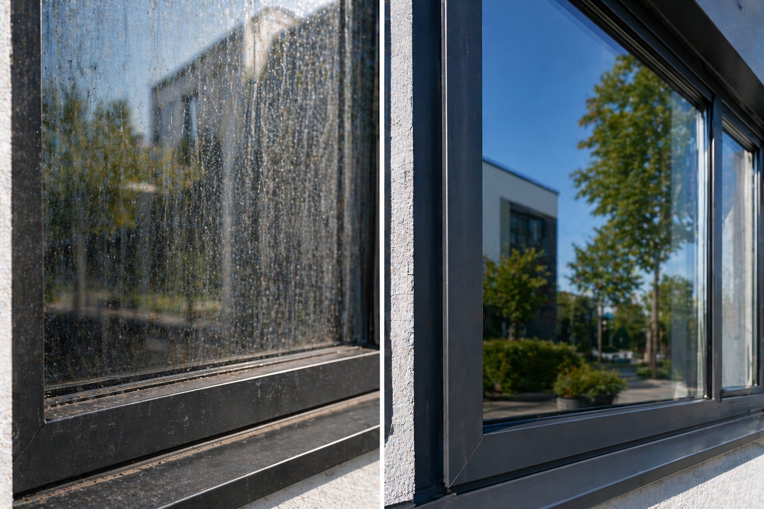 Vorher-Nachher Glasreinigung mit gereinigtem Fenster